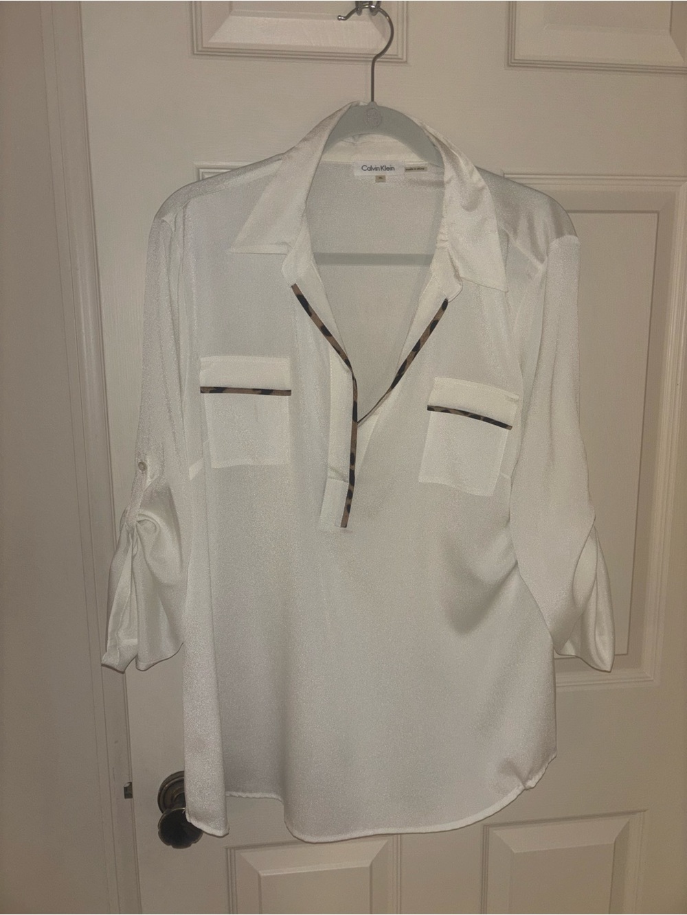 Calvin Klein White Blouse with Tortoise-Trim Accents